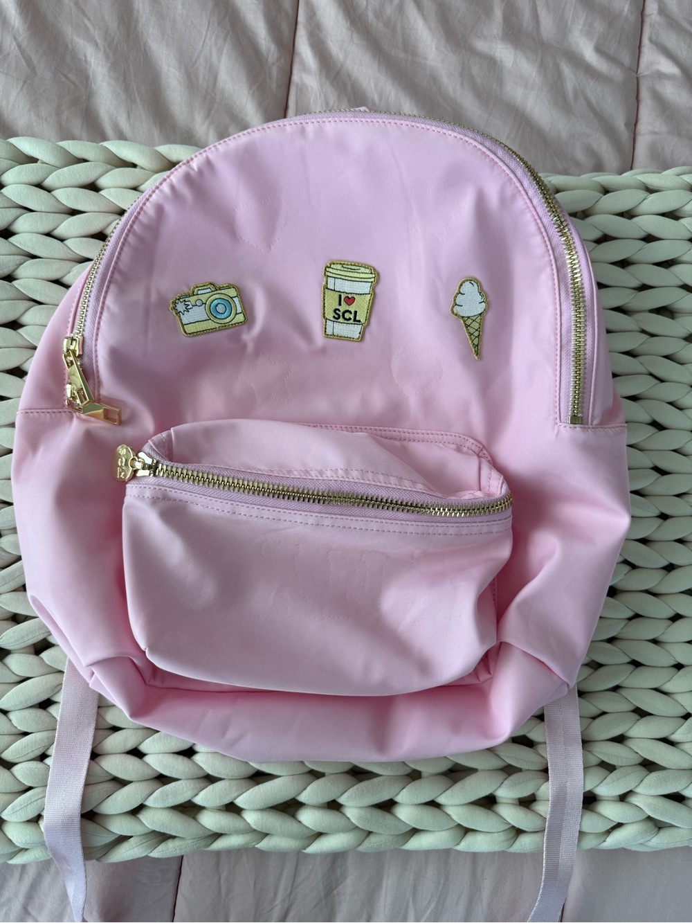 Stoney Clover Lane Pink Backpack with Camera, Coffee & Ice Cream Patches